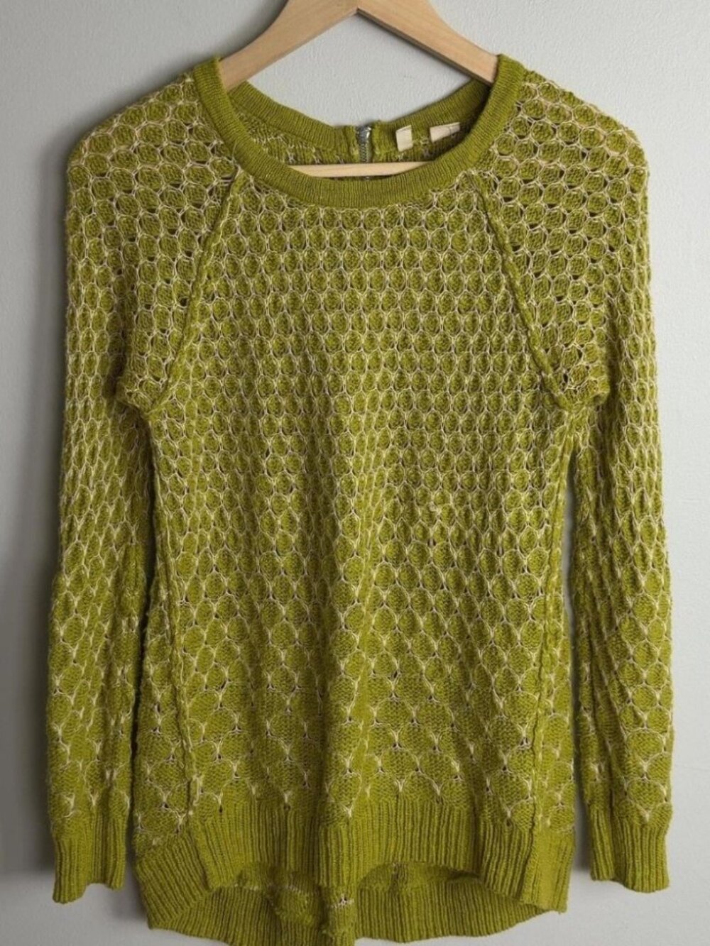 Anthropologie Moth Lime Green Open-Knit Sweater Long Sleeve Back Zip Size Small
